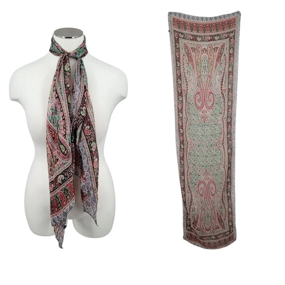 Silk Chiffon Red Green Paisley Patterned Scarf Head Wrap Belt